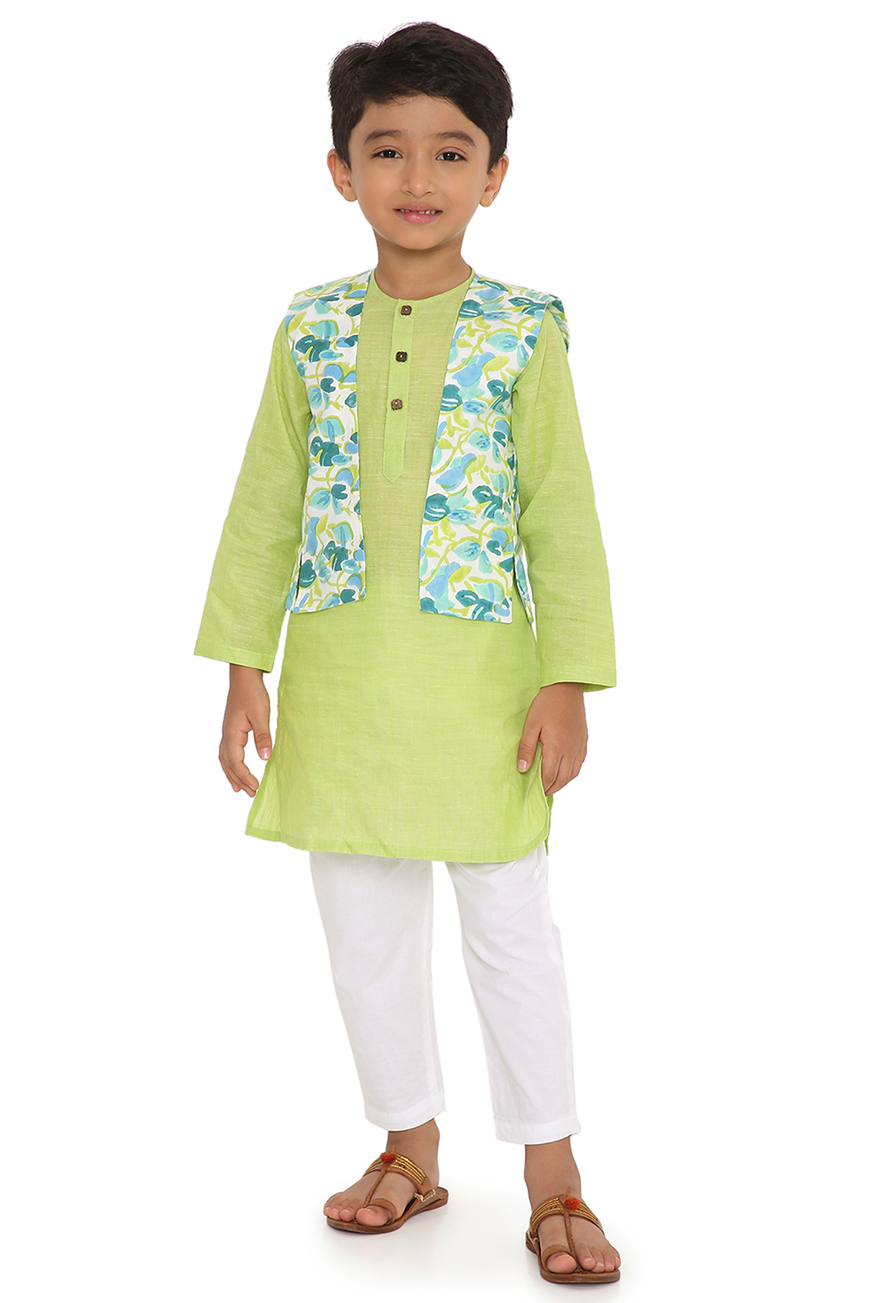 Green Kurta Set With Hand Block Printed Jacket For Boys by Miko Lolo at Pernia's Pop Up Shop