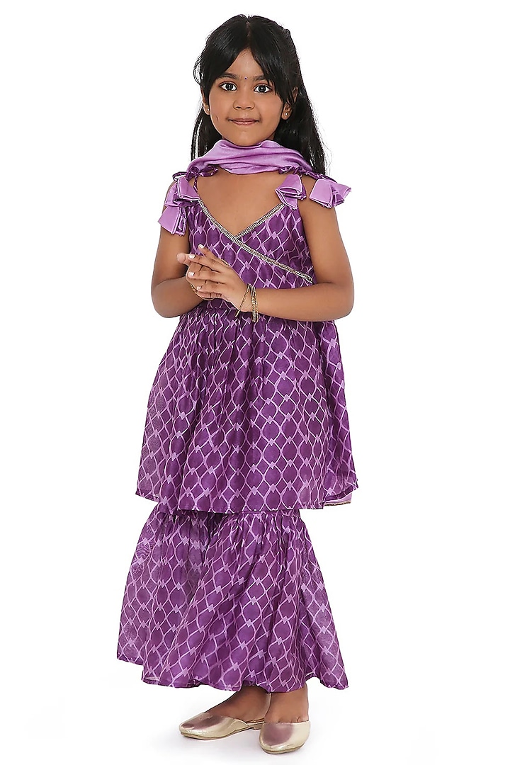 Deep Purple Cotton Silk Chanderi Handblock Printed Gathered Sharara Set For Girls by Miko Lolo at Pernia's Pop Up Shop