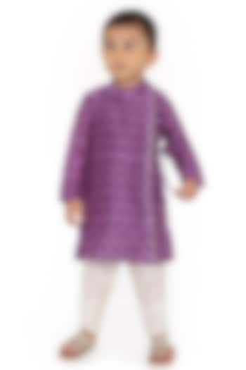 Purple Cotton Silk Chanderi Hand Block Printed & Zari Embroidered Angrakha Kurta Set For Boys by Miko Lolo