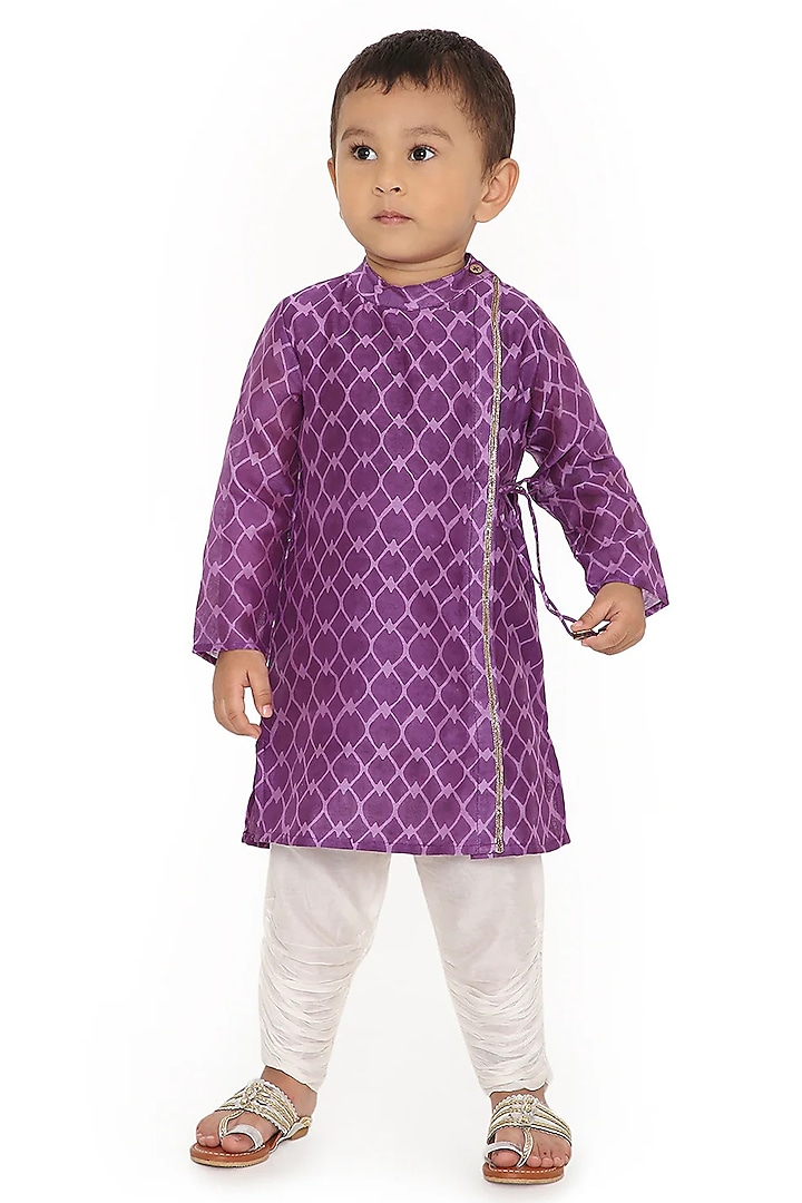 Purple Cotton Silk Chanderi Hand Block Printed & Zari Embroidered Angrakha Kurta Set For Boys by Miko Lolo