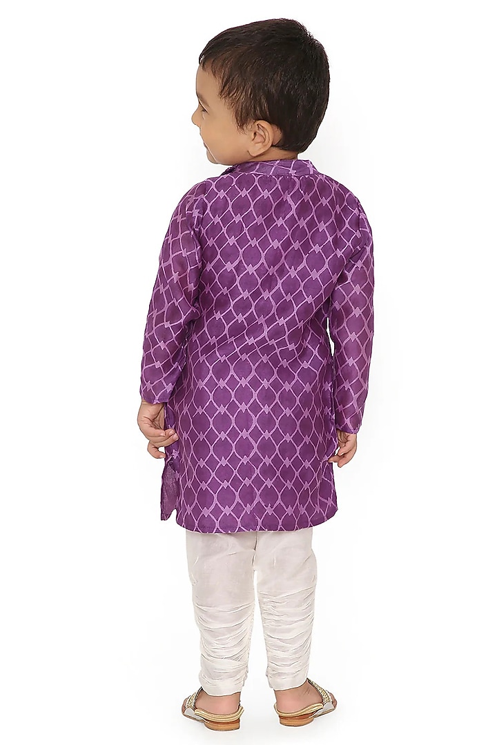 Purple Cotton Silk Chanderi Hand Block Printed & Zari Embroidered Angrakha Kurta Set For Boys by Miko Lolo at Pernia's Pop Up Shop