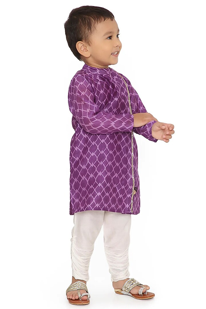 Purple Cotton Silk Chanderi Hand Block Printed & Zari Embroidered Angrakha Kurta Set For Boys by Miko Lolo at Pernia's Pop Up Shop