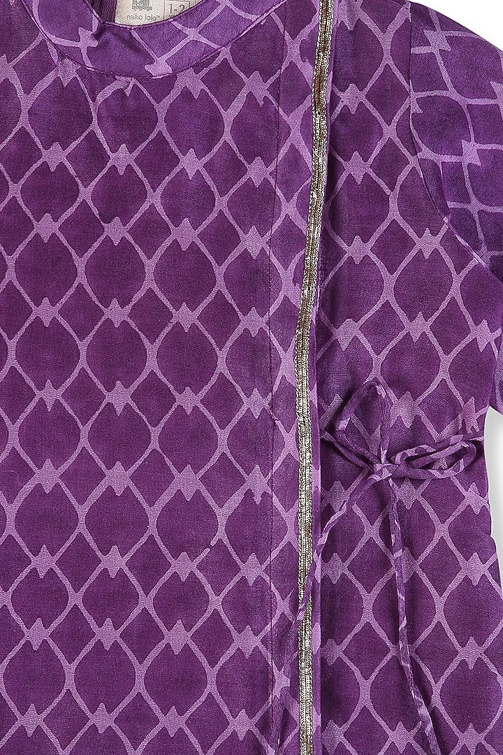 Purple Cotton Silk Chanderi Hand Block Printed & Zari Embroidered Angrakha Kurta Set For Boys by Miko Lolo at Pernia's Pop Up Shop