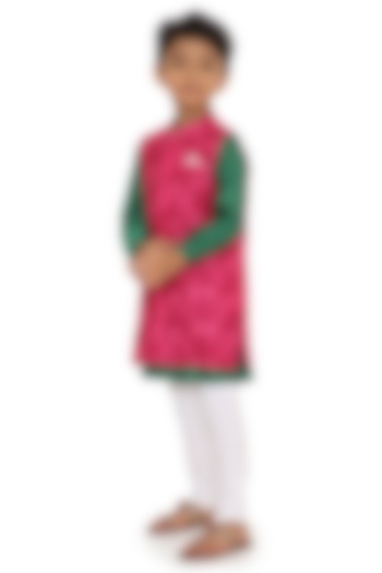 Rani Pink Cotton Silk Chanderi Motif Printed Jacket Set For Boys by Miko Lolo