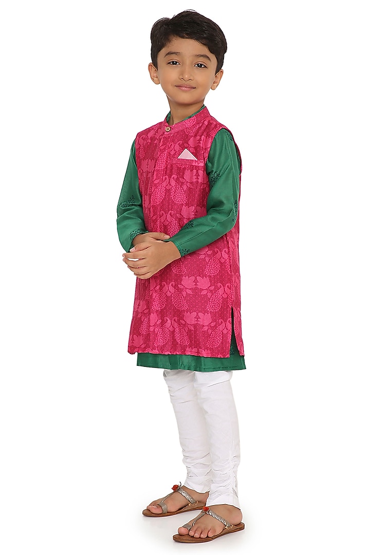 Rani Pink Cotton Silk Chanderi Motif Printed Jacket Set For Boys by Miko Lolo