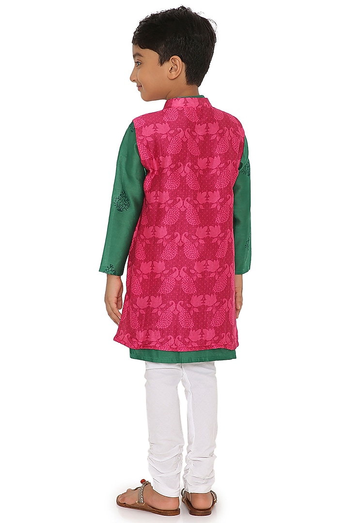 Rani Pink Cotton Silk Chanderi Motif Printed Jacket Set For Boys by Miko Lolo at Pernia's Pop Up Shop