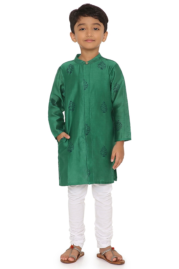Rani Pink Cotton Silk Chanderi Motif Printed Jacket Set For Boys by Miko Lolo at Pernia's Pop Up Shop