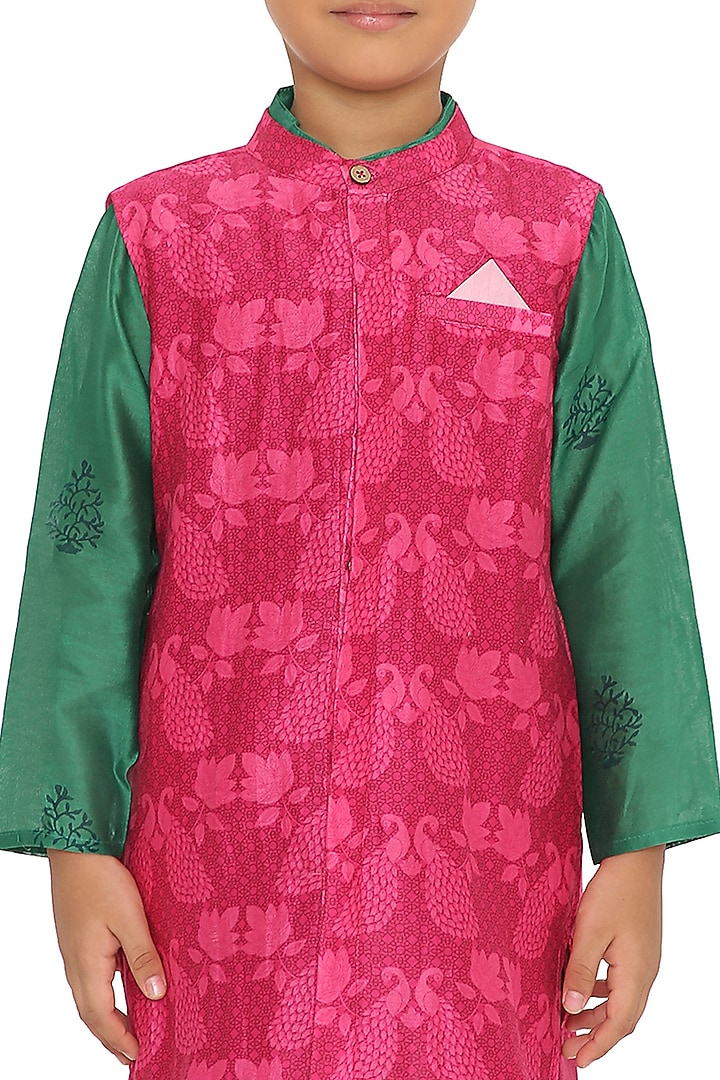 Rani Pink Cotton Silk Chanderi Motif Printed Jacket Set For Boys by Miko Lolo at Pernia's Pop Up Shop