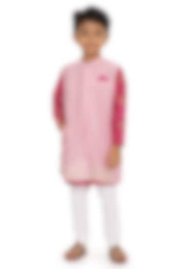 Light Pink Cotton Silk Chanderi Zari Embroidered Jacket Set For Boys by Miko Lolo