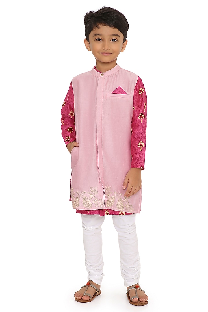 Light Pink Cotton Silk Chanderi Zari Embroidered Jacket Set For Boys by Miko Lolo