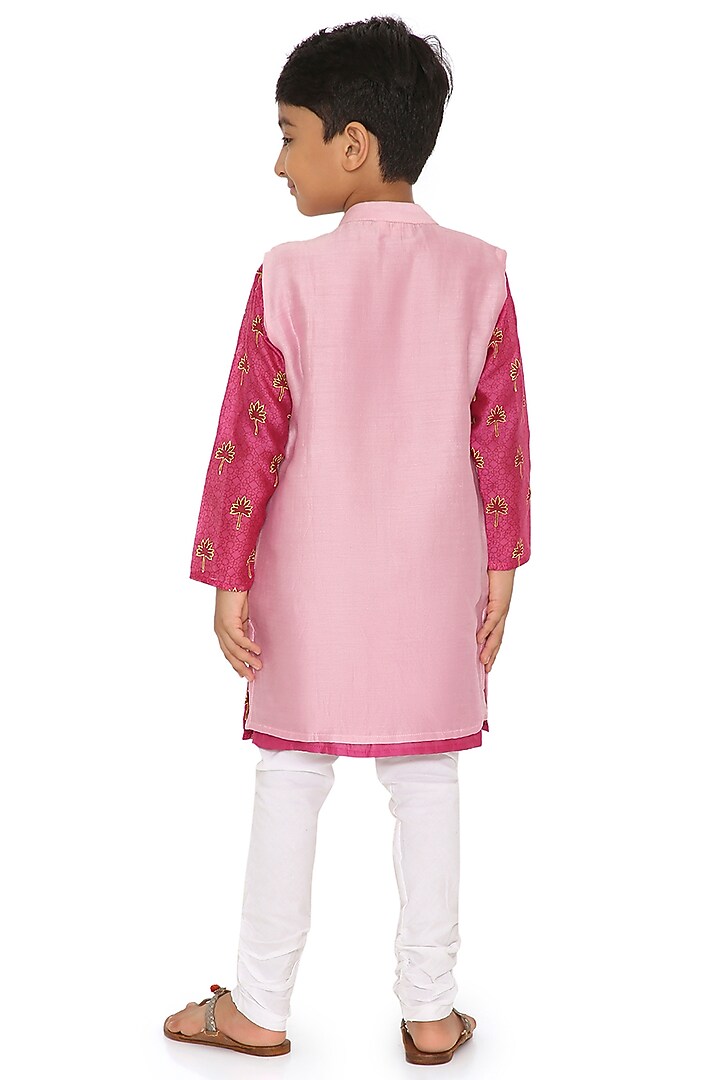Light Pink Cotton Silk Chanderi Zari Embroidered Jacket Set For Boys by Miko Lolo at Pernia's Pop Up Shop