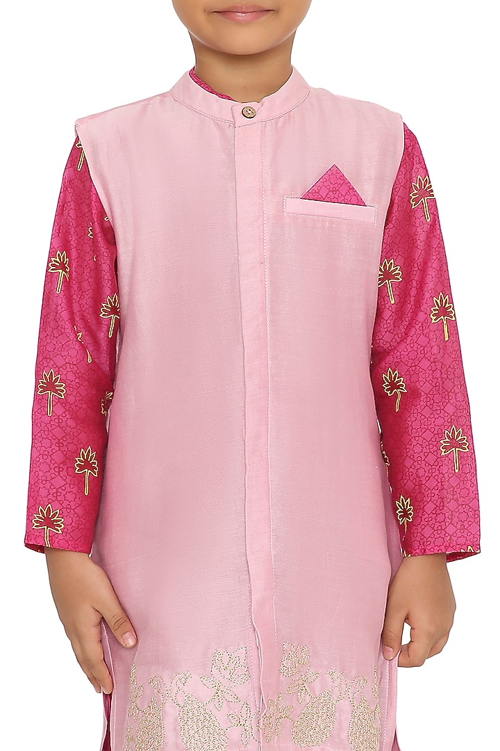 Light Pink Cotton Silk Chanderi Zari Embroidered Jacket Set For Boys by Miko Lolo at Pernia's Pop Up Shop