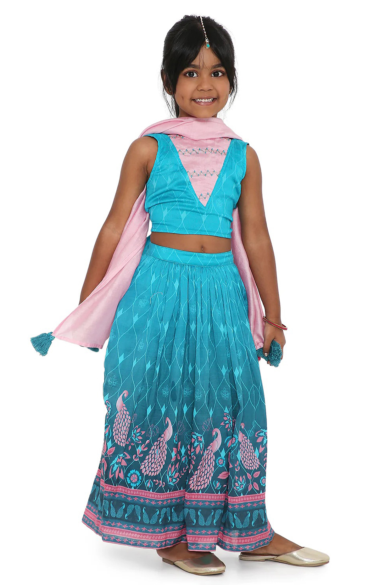 Turquoise Blue Cotton Silk Chanderi Printed Lehenga Set For Girls by Miko Lolo at Pernia's Pop Up Shop