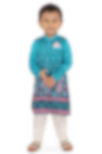 Turquoise Blue Cotton Silk Chanderi Printed Sherwani Set For boys by Miko Lolo