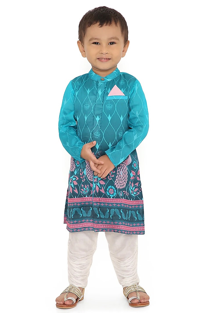 Turquoise Blue Cotton Silk Chanderi Printed Sherwani Set For boys by Miko Lolo