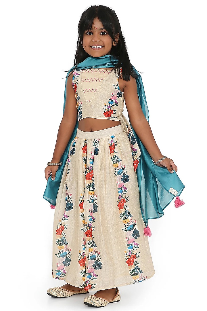 Cream Cotton Silk Chanderi Floral Printed Gathered Lehenga Set by Miko Lolo at Pernia's Pop Up Shop