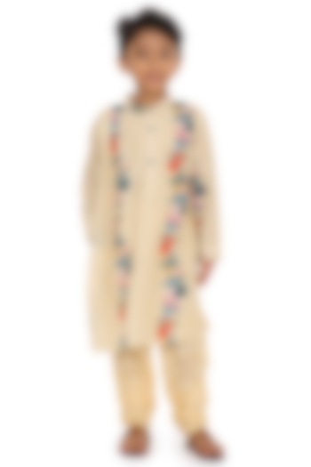 Cream Cotton Silk Chanderi Floral Printed Kurta Set For Boys by Miko Lolo