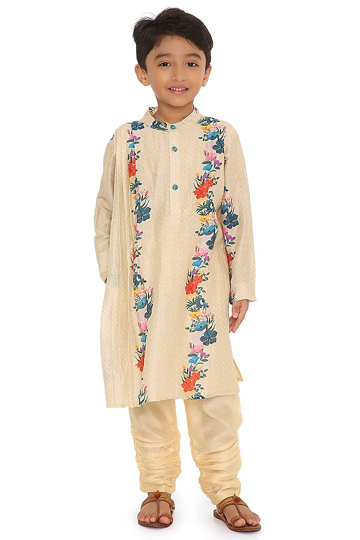 Cream Cotton Silk Chanderi Floral Printed Kurta Set For Boys by Miko Lolo