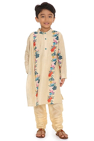 Cream Cotton Silk Chanderi Floral Printed Kurta Set For Boys by Miko Lolo