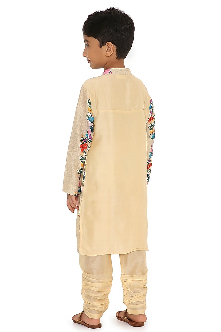 Cream Cotton Silk Chanderi Floral Printed Kurta Set For Boys by Miko Lolo at Pernia's Pop Up Shop