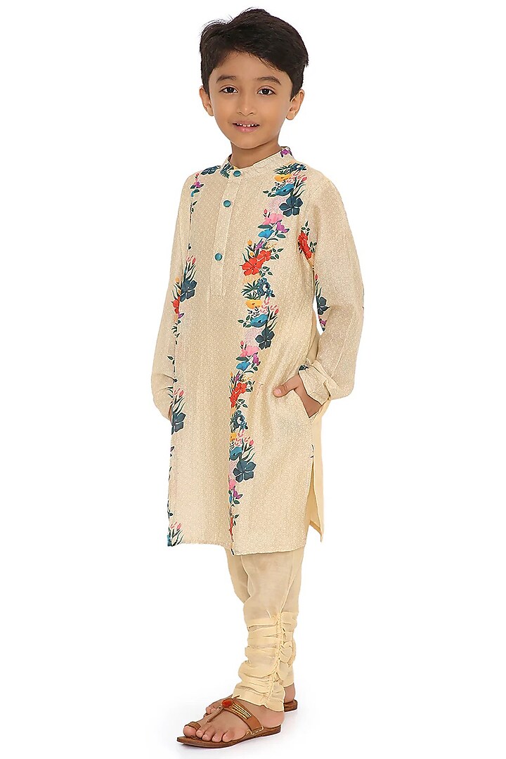 Cream Cotton Silk Chanderi Floral Printed Kurta Set For Boys by Miko Lolo at Pernia's Pop Up Shop