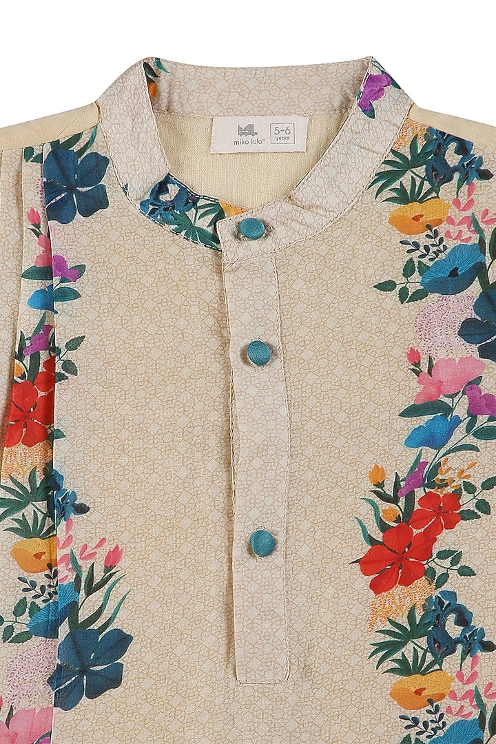 Cream Cotton Silk Chanderi Floral Printed Kurta Set For Boys by Miko Lolo at Pernia's Pop Up Shop