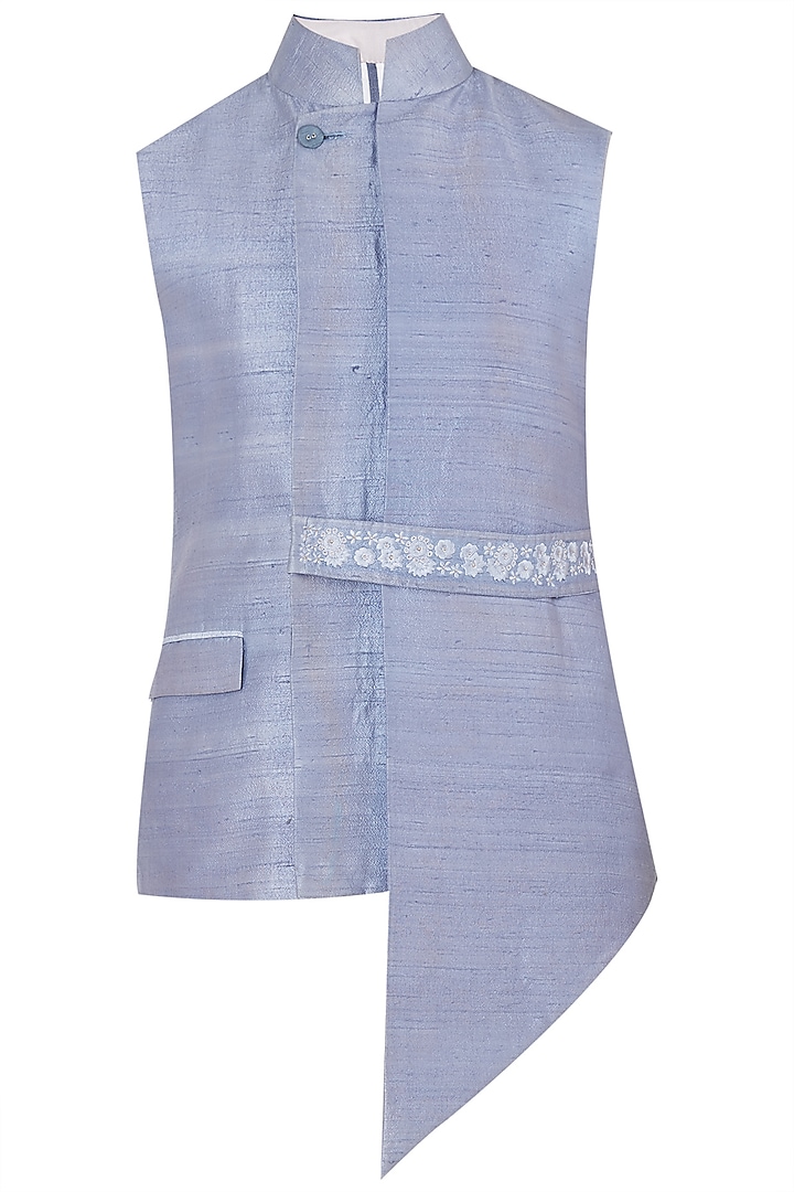 Mauve Asymmetrical Waistcoat with Embroidered Belt by Mitesh Lodha