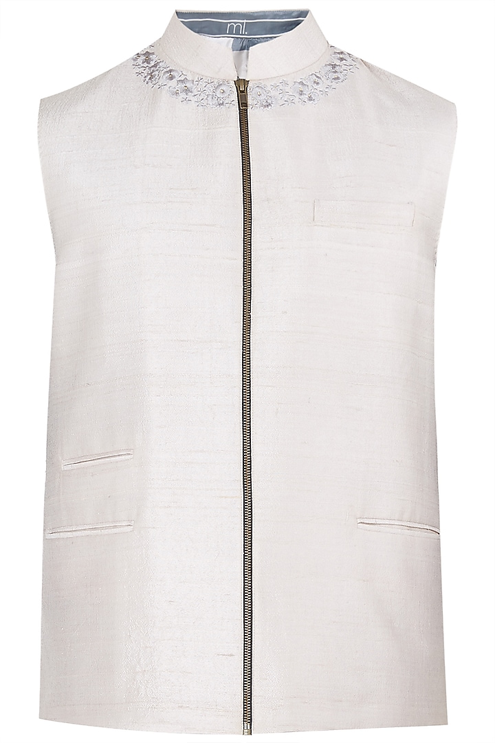 Light Grey Embroidered Zipper Waistcoat by Mitesh Lodha