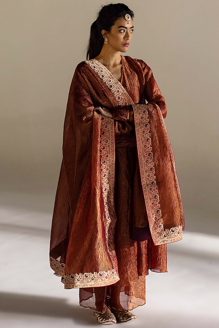 Burnt Red Silk Woven Embroidered Kurta Set by Mimamsaa