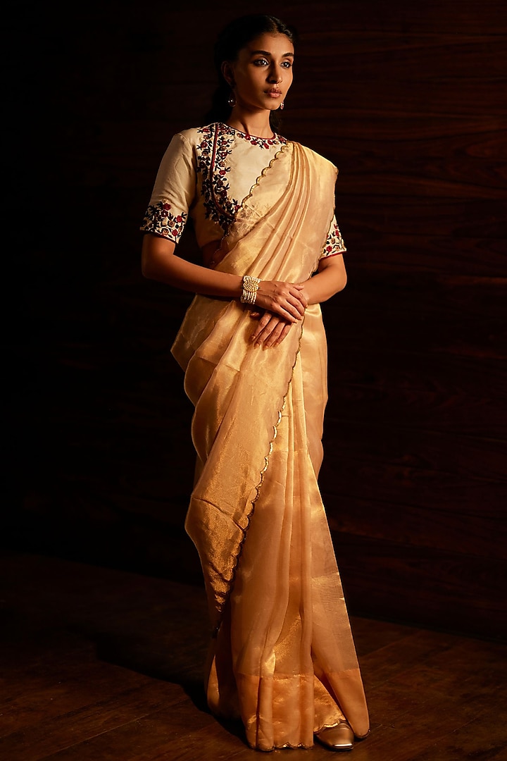 Ivory & Gold Silk Tissue Saree Set by Mimamsaa