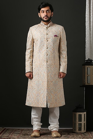 Peach Sherwani Set With Hand Embroidery by Minaki Men