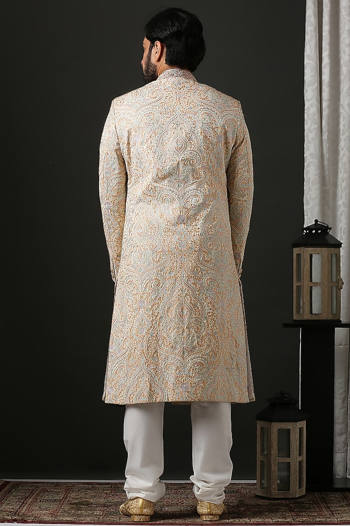 Peach Groom Sherwani Set With Hand Embroidery by Minaki Men at Pernia's Pop Up Shop