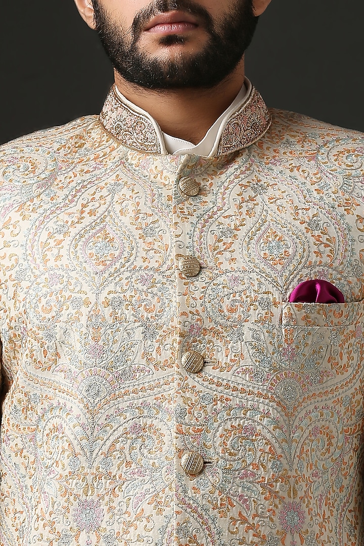 Peach Groom Sherwani Set With Hand Embroidery by Minaki Men at Pernia's Pop Up Shop