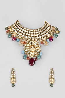 Gold Plated Kundan Polki Bridal Necklace Set by Minaki-GIFTS FOR HER