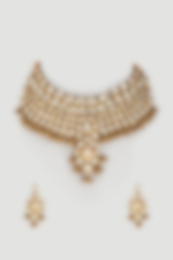 Gold Plated Kundan Polki & Beaded Choker Necklace Set by Minaki