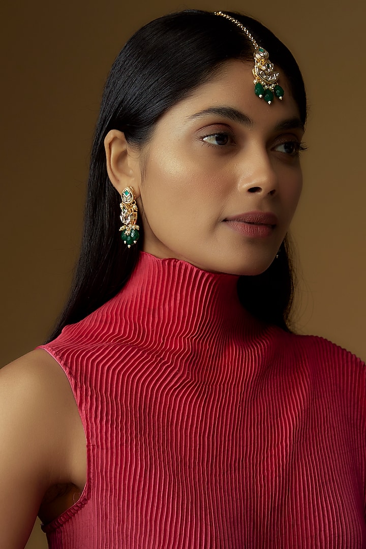 Gold Plated Kundan Polki & Stone Maang Tikka With Earrings by Minaki at Pernia's Pop Up Shop