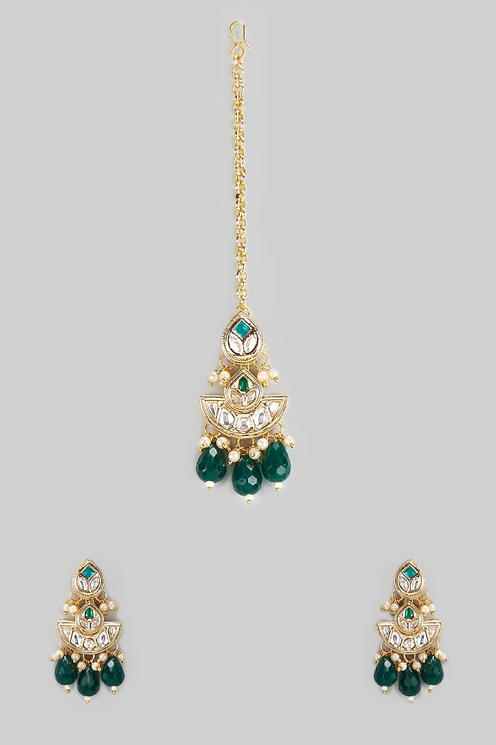 Gold Plated Kundan Polki & Stone Maang Tikka With Earrings by Minaki at Pernia's Pop Up Shop