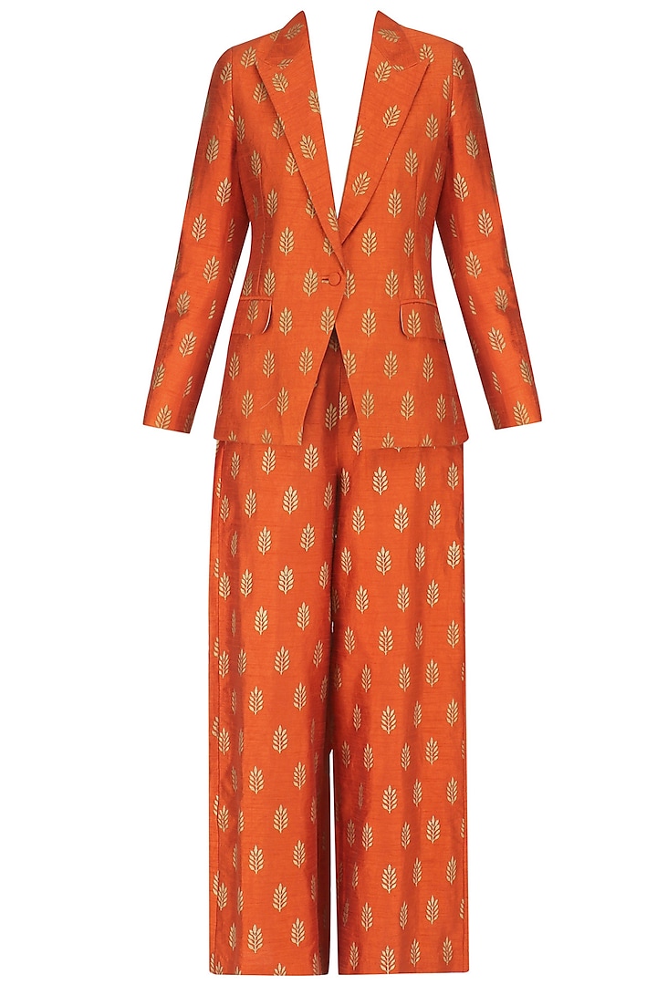 Burnt Orange Foil Printed Blazer and Pant Set by Mint Blush
