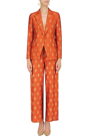 Burnt Orange Foil Printed Blazer and Pant Set by Mint Blush