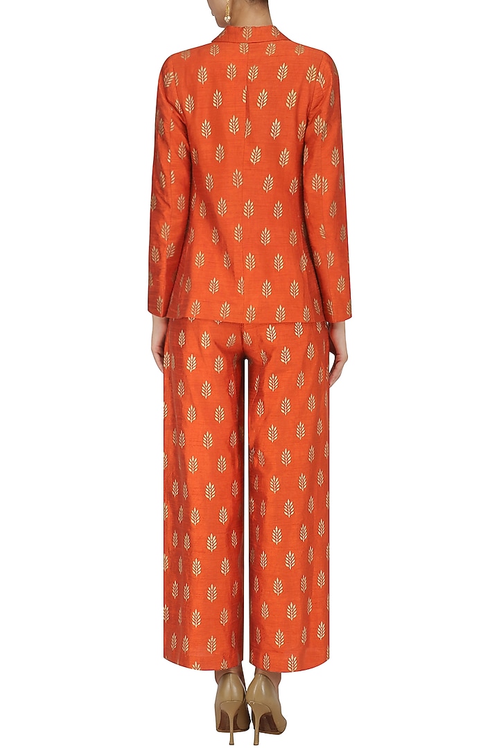 Burnt orange foil printed blazer and pant set available only at Pernia's Pop Up Shop.