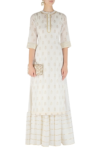 White Tiered Maxi Dress and Foil Print Kurta Set by Mint Blush