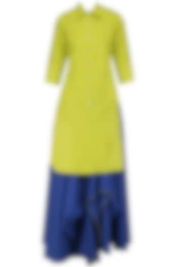 Green Shirt Kurta and Blue Drape Skirt Set by Mint Blush