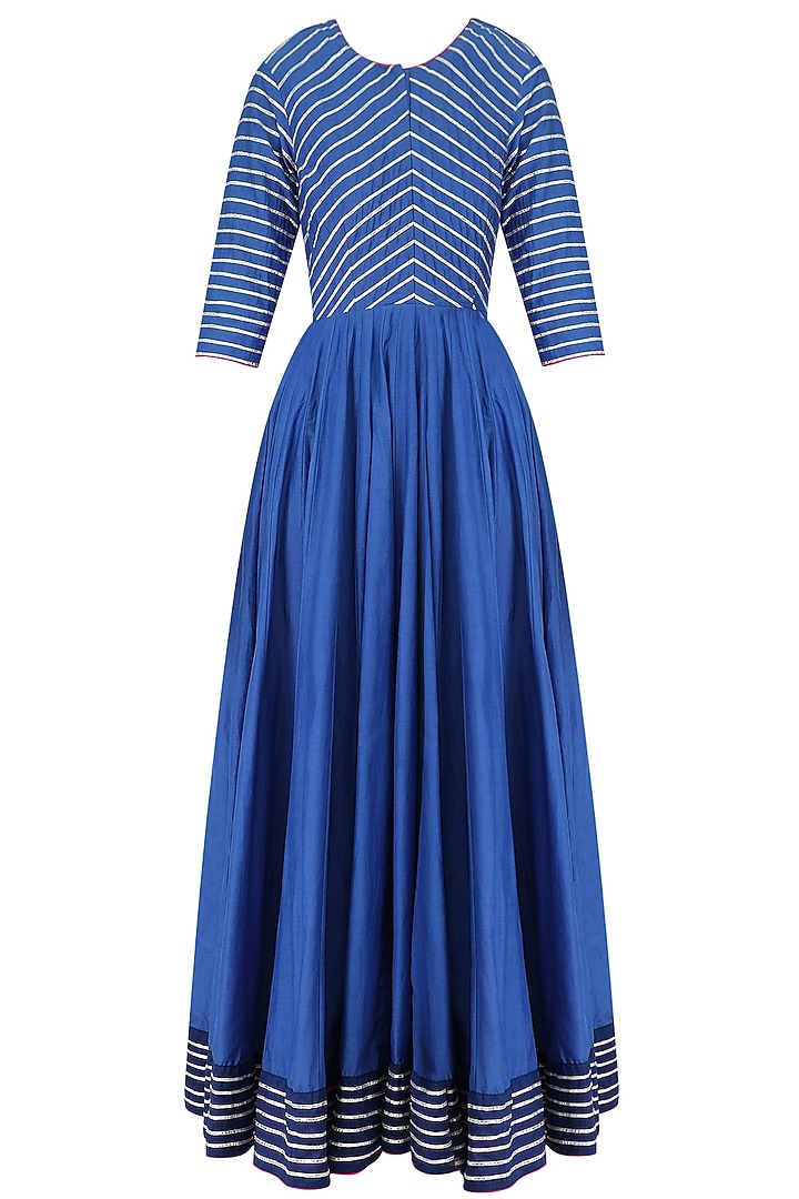 Blue and silver gota embroidery anarkali with pink dupatta available only at Pernia's Pop Up Shop.