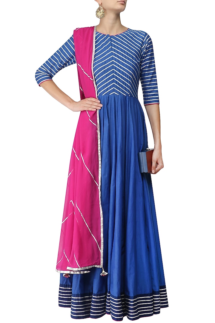 Blue and silver gota embroidery anarkali with pink dupatta available only at Pernia's Pop Up Shop.