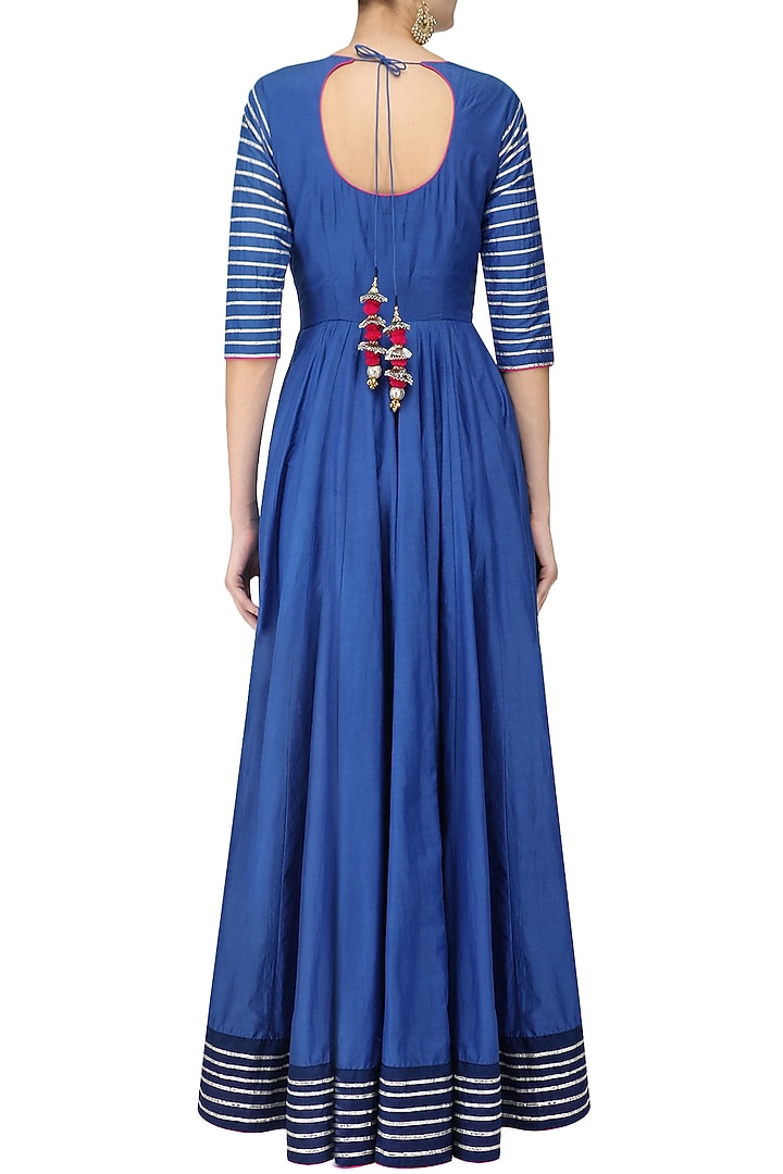 Blue and silver gota embroidery anarkali with pink dupatta available only at Pernia's Pop Up Shop.