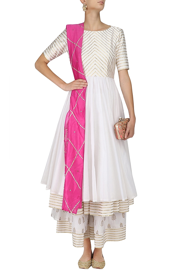 White and gold gota work double layer kalidaar kurta set available only at Pernia's Pop Up Shop.