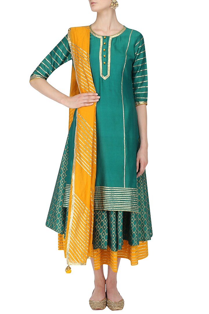 Deep green and gold gota work tunic with layered skirt set available only at Pernia's Pop Up Shop.