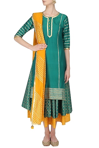 Deep Green and Gold Gota Work Tunic with Layered Skirt Set by Mint Blush