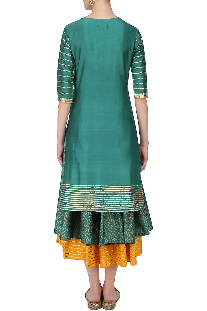 Deep green and gold gota work tunic with layered skirt set available only at Pernia's Pop Up Shop.