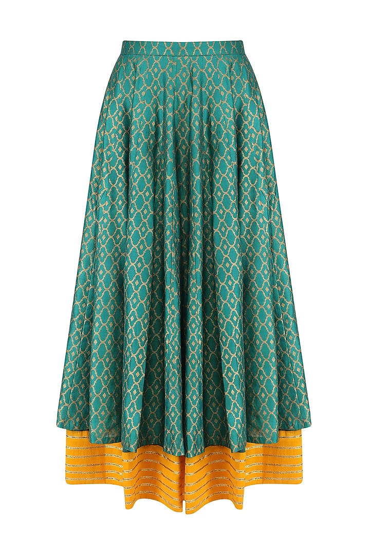 Deep green and gold gota work tunic with layered skirt set available only at Pernia's Pop Up Shop.